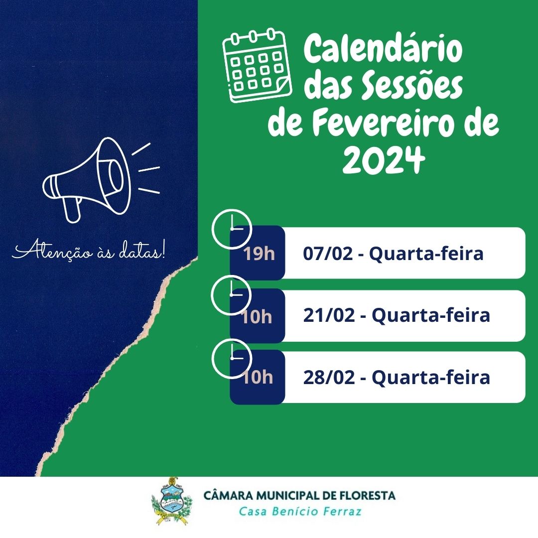 Calendário das Sessões de Fevereiro de 2024