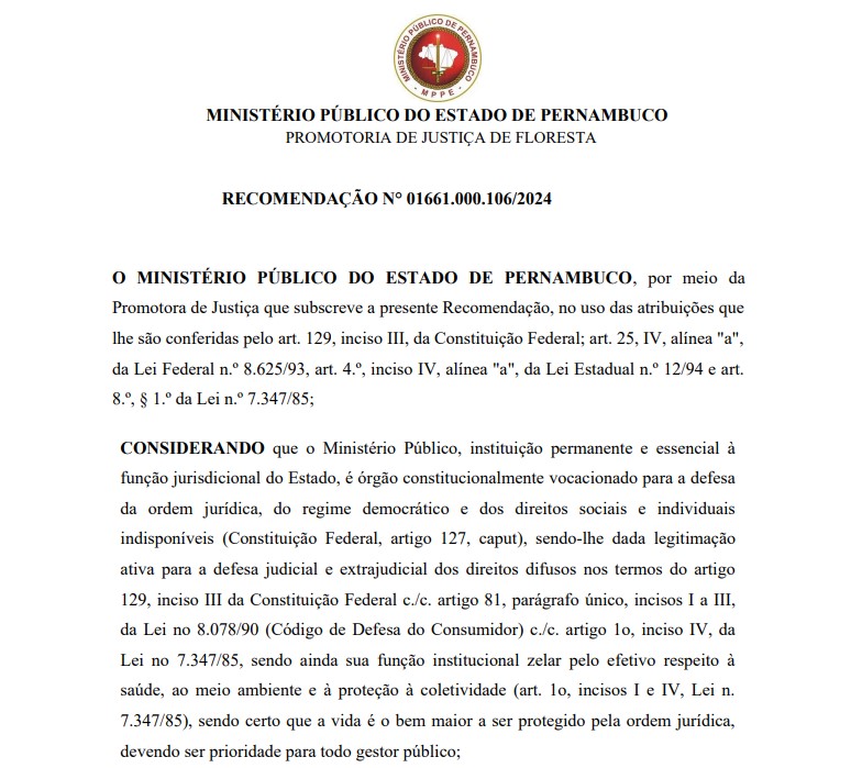  RECOMENDAÇÃO N° 01661.000.106/2024 - Promotoria de Justiça de Floresta/PE